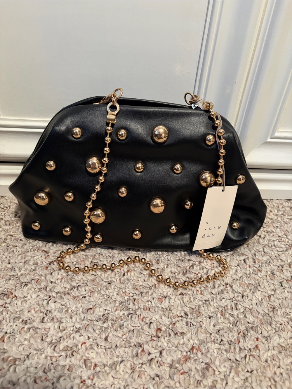 a new day Black Studded Shoulder Bag with Gold Chain Strap